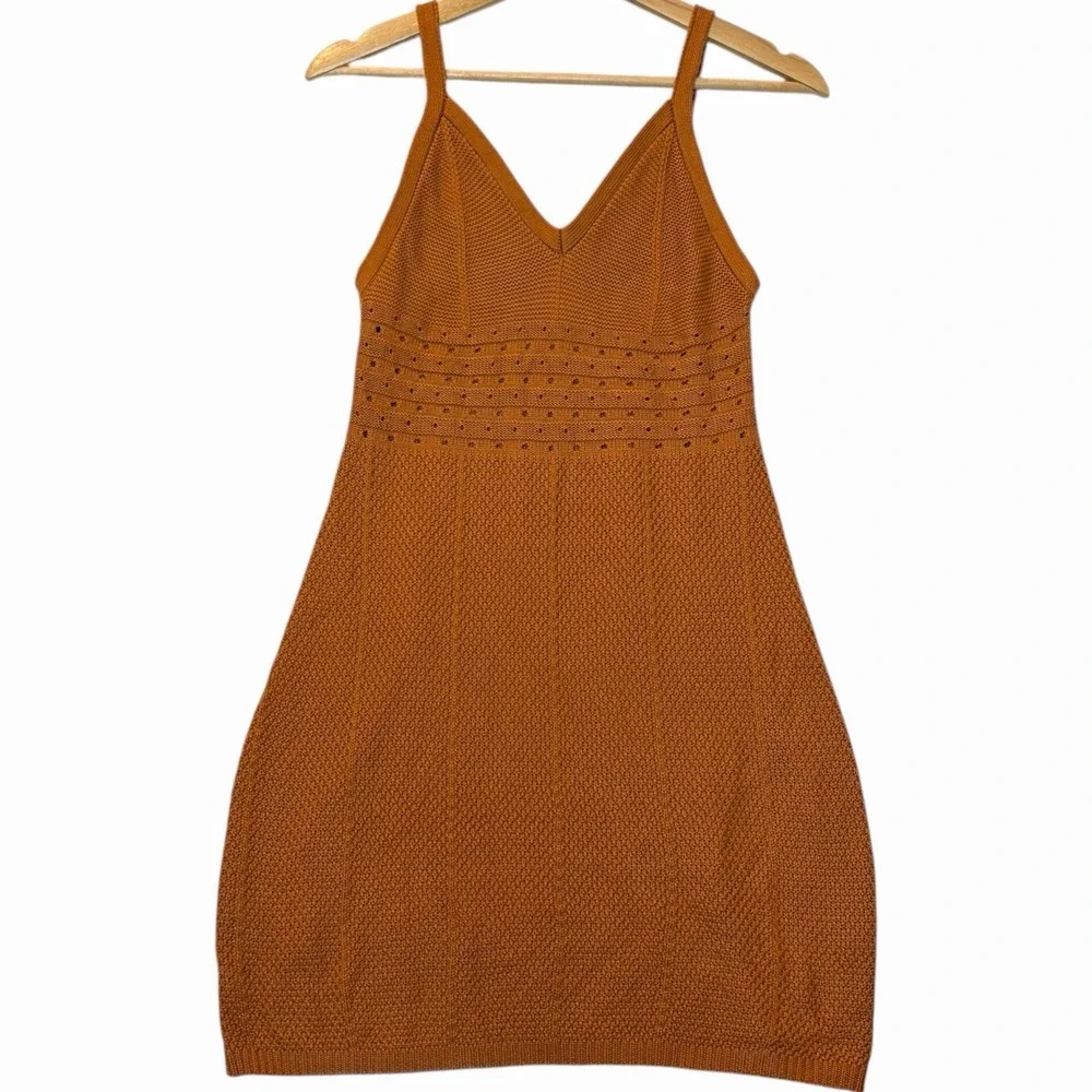 Knit Mini Dress‎ Womens S Burnt Orange Boho Chic Festival Pointelle Cottagecore